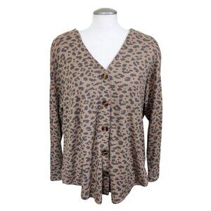 Aero Knit Cardigan Sweater Womens L Brown Leopard Print Ribbed Knit Button Up